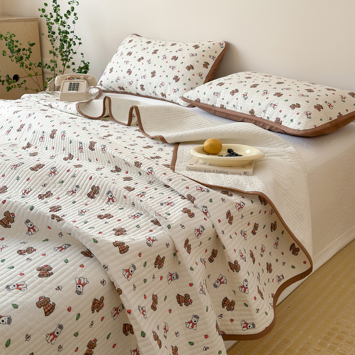 漫时光 2026新款纯棉小清新棉花夹层床盖 奶茶汪汪