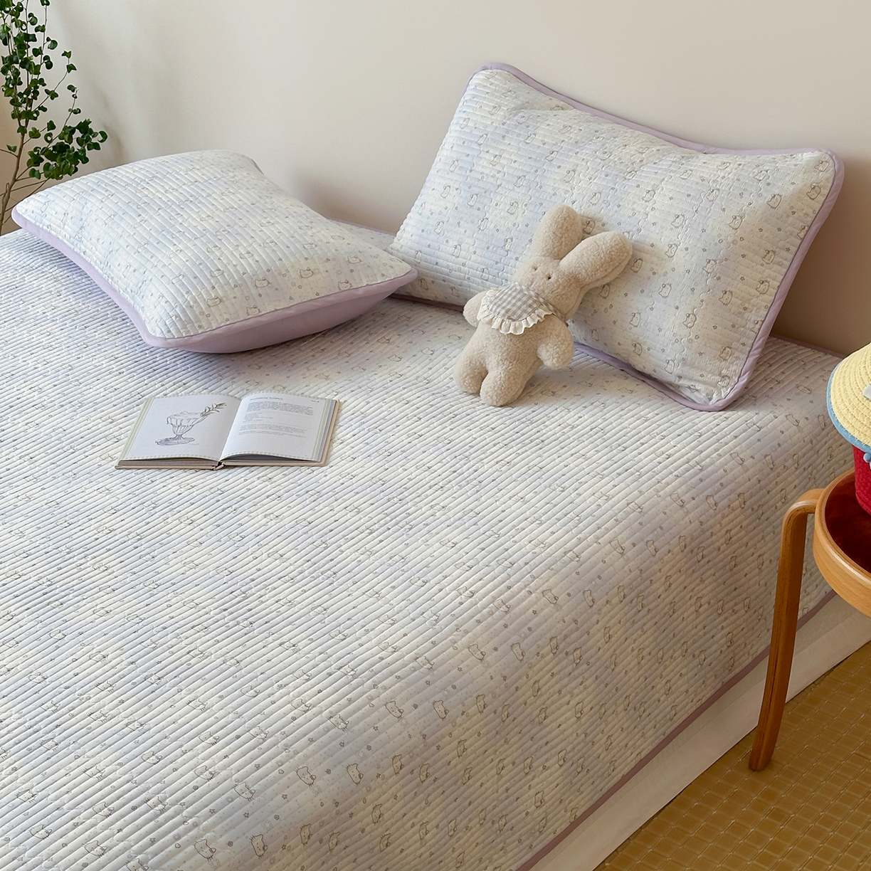 91家纺网 家纺一手货源 找家纺 漫时光 2026新款纯棉小清新棉花夹层床盖 星星猫