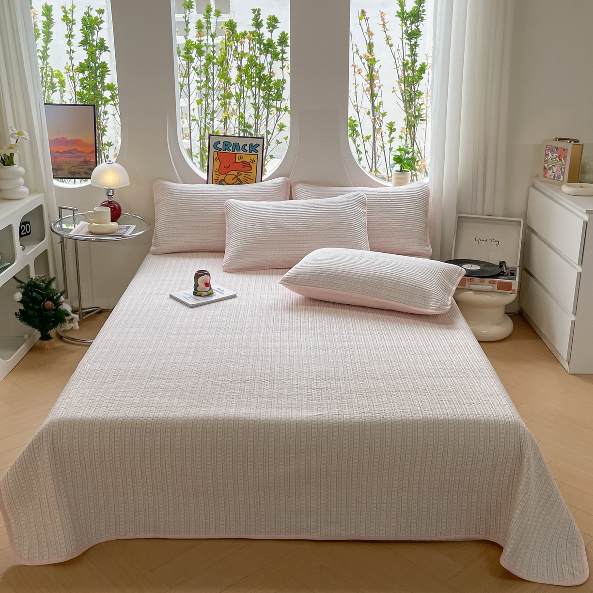 91家纺网 家纺一手货源 找家纺 漫时光 2026新款纯棉小清新棉花夹层床盖 小蝴蝶结