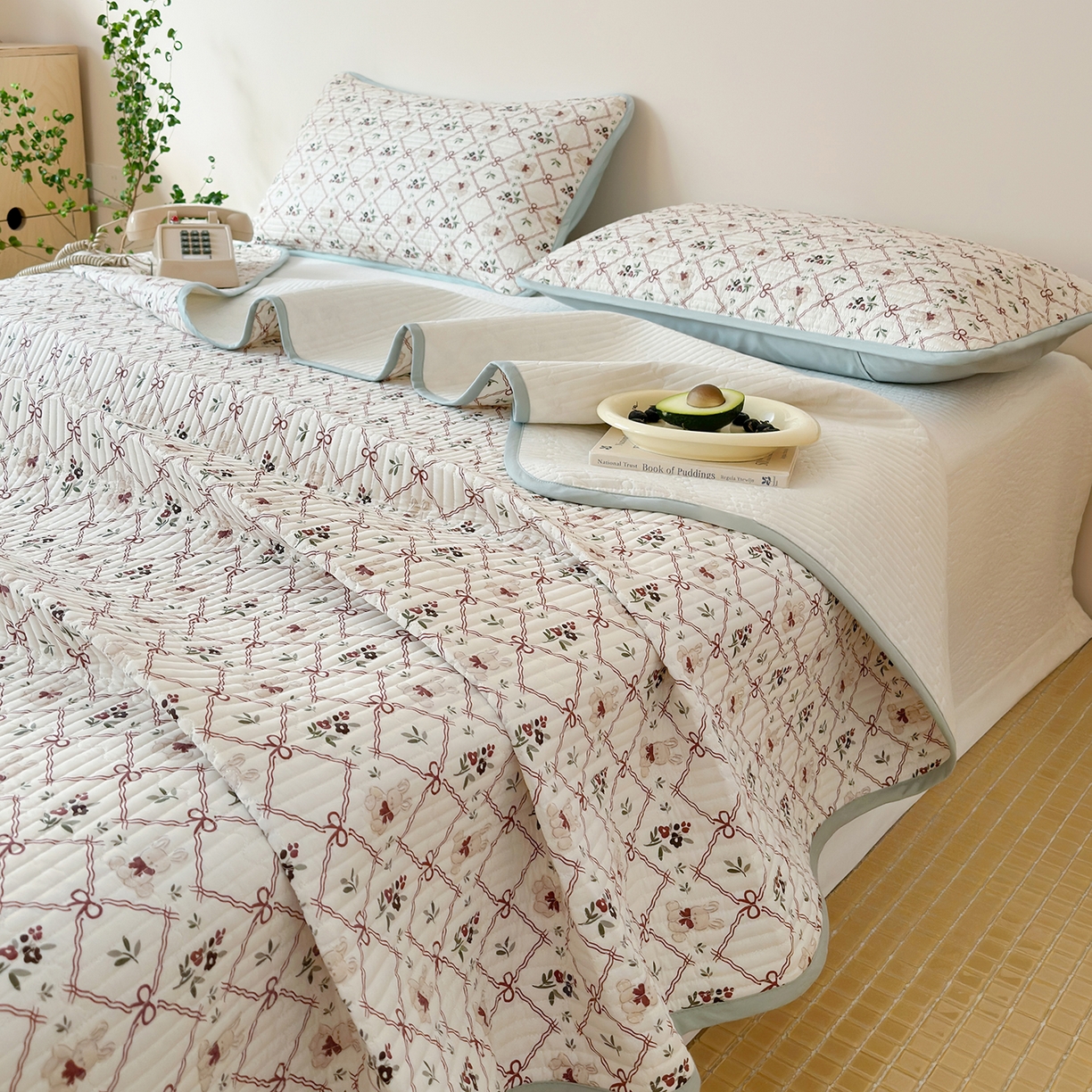 漫时光 2026新款纯棉小清新棉花夹层床盖 凌格兔宝