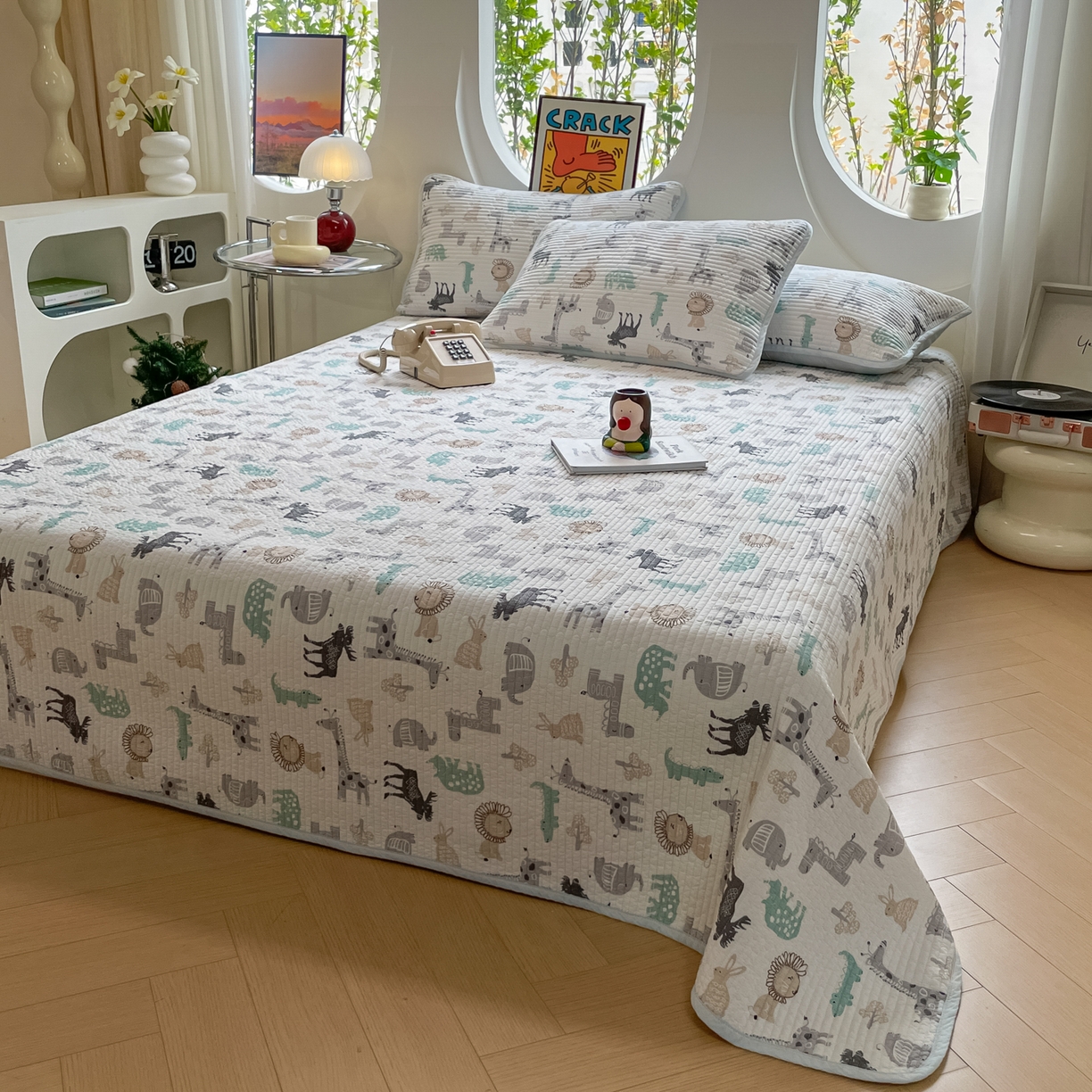 91家纺网 家纺一手货源 找家纺 漫时光 2026新款纯棉小清新棉花夹层床盖 动物世界