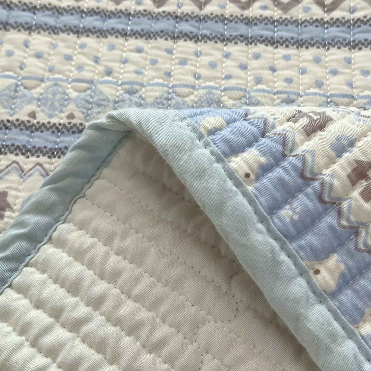 91家纺网 家纺一手货源 找家纺 漫时光 2026新款纯棉小清新棉花夹层床盖 费尔岛蓝