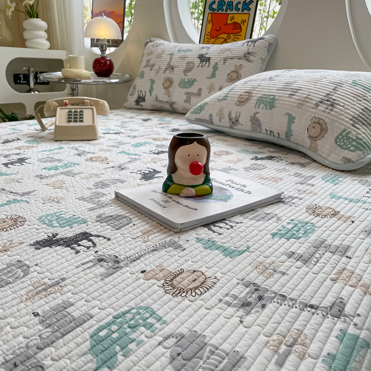 91家纺网 家纺一手货源 找家纺 漫时光 2026新款纯棉小清新棉花夹层床盖 动物世界