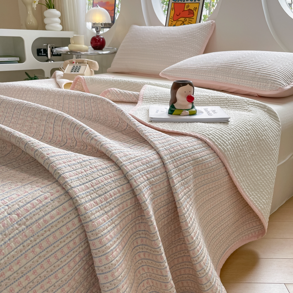 漫时光 2026新款纯棉小清新棉花夹层床盖 小蝴蝶结