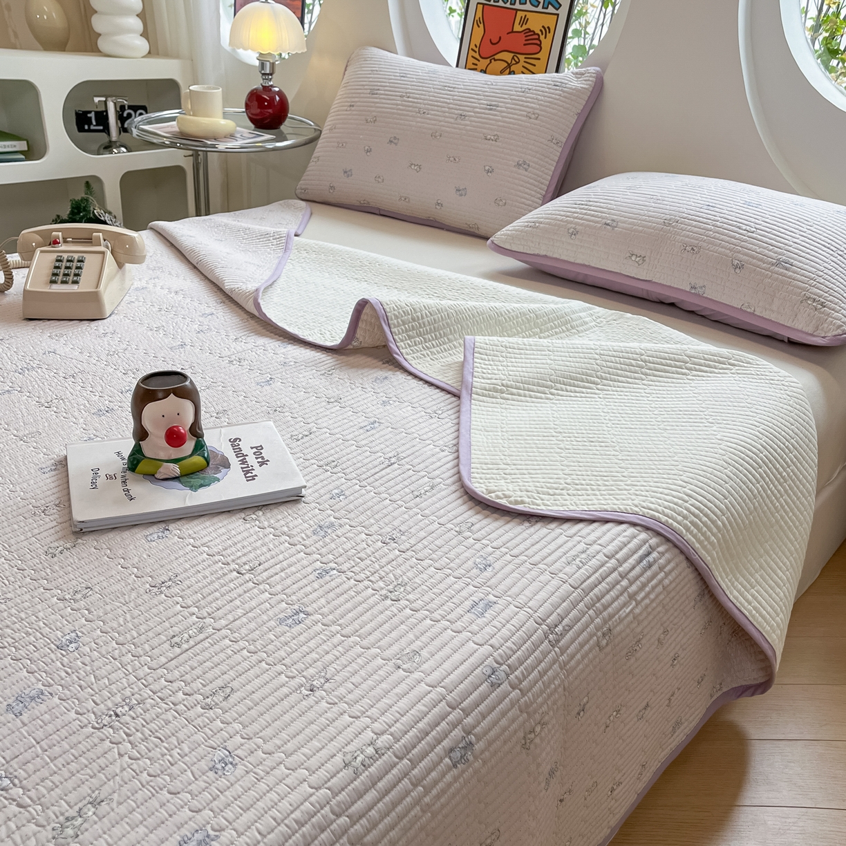 91家纺网 家纺一手货源 找家纺 漫时光 2026新款纯棉小清新棉花夹层床盖 芭比兔