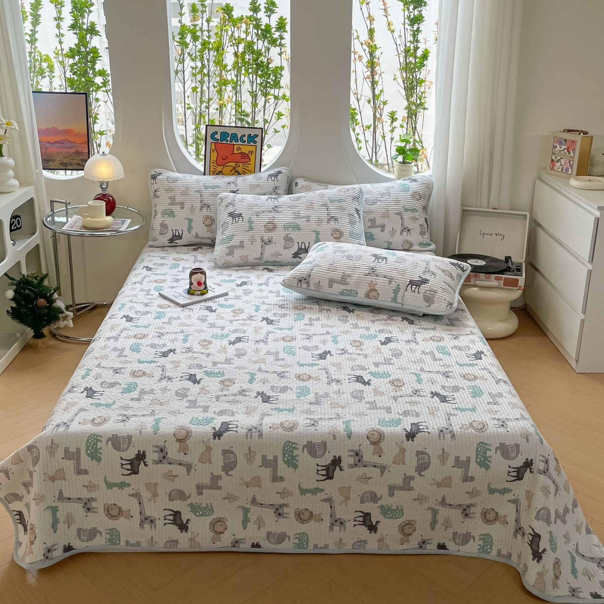 91家纺网 家纺一手货源 找家纺 漫时光 2026新款纯棉小清新棉花夹层床盖 动物世界