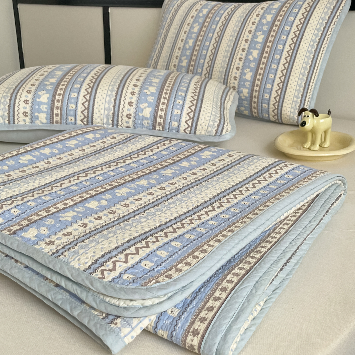 91家纺网 家纺一手货源 找家纺 漫时光 2026新款纯棉小清新棉花夹层床盖 费尔岛蓝