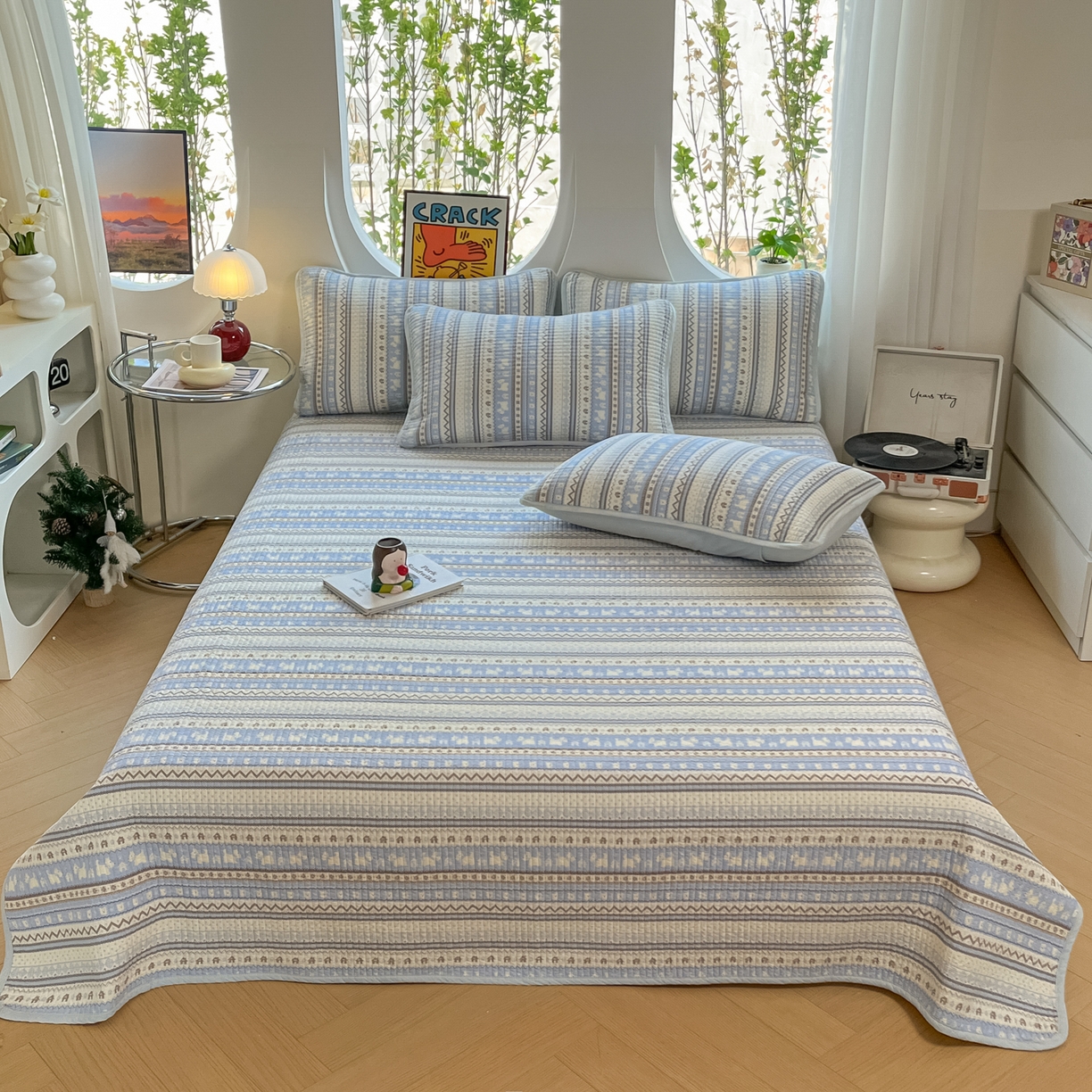 91家纺网 家纺一手货源 找家纺 漫时光 2026新款纯棉小清新棉花夹层床盖 费尔岛蓝