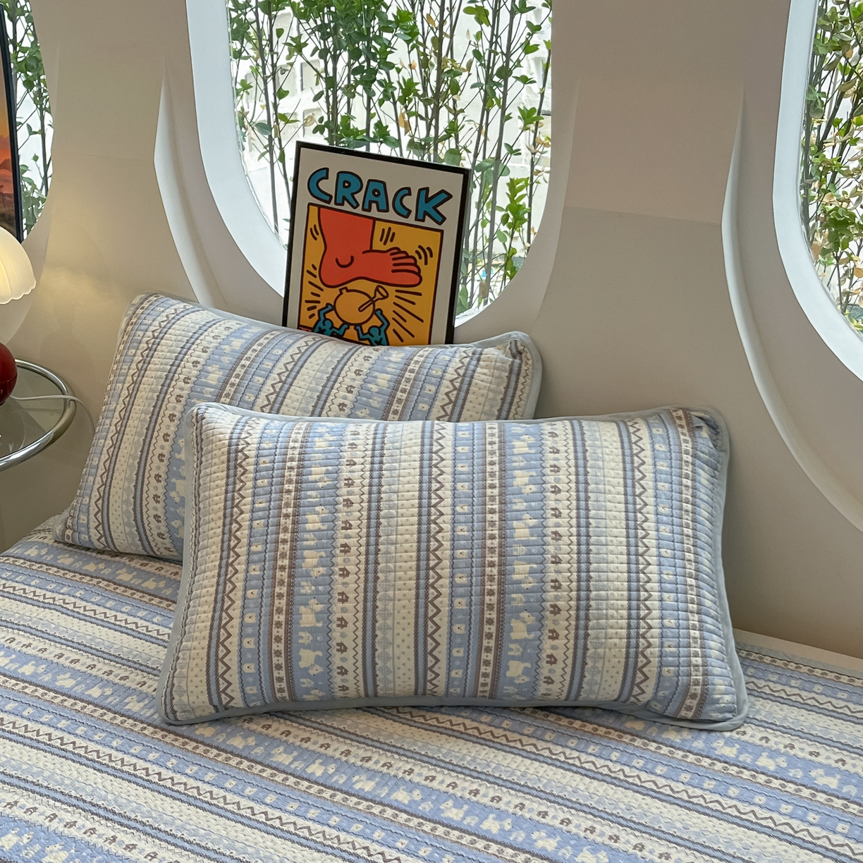 91家纺网 家纺一手货源 找家纺 漫时光 2026新款纯棉小清新棉花夹层床盖 费尔岛蓝