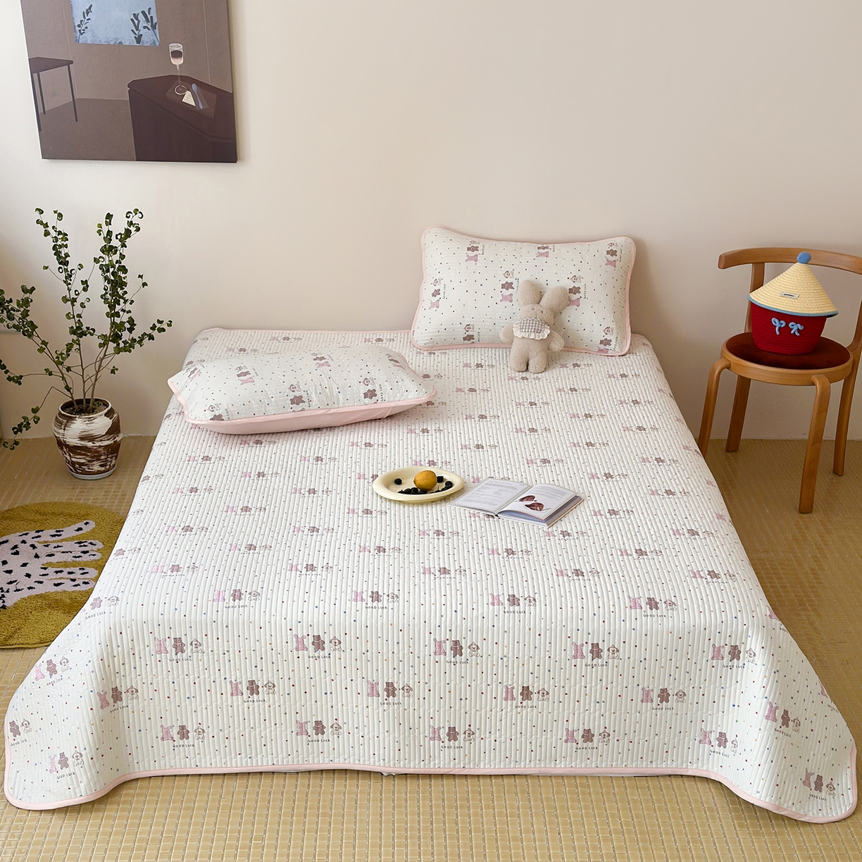 91家纺网 家纺一手货源 找家纺 漫时光 2026新款纯棉小清新棉花夹层床盖 幸运派对