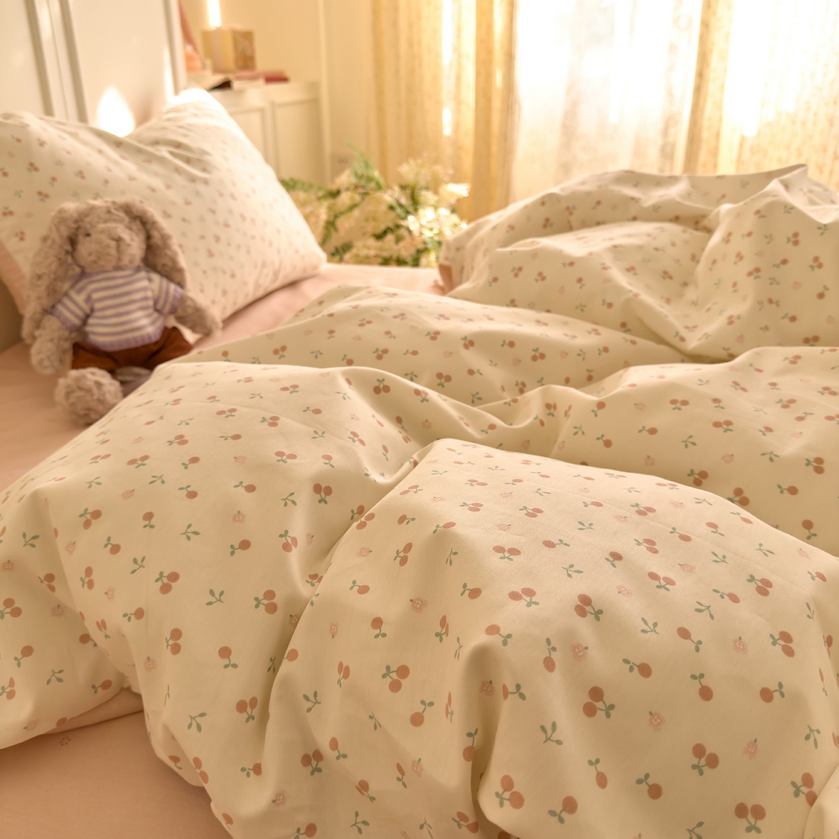 91家纺网 家纺一手货源 找家纺 DoDo 兜兜 2026新款40支全棉纯棉小碎花四件套（可定做尺寸） 奶冻樱桃-粉