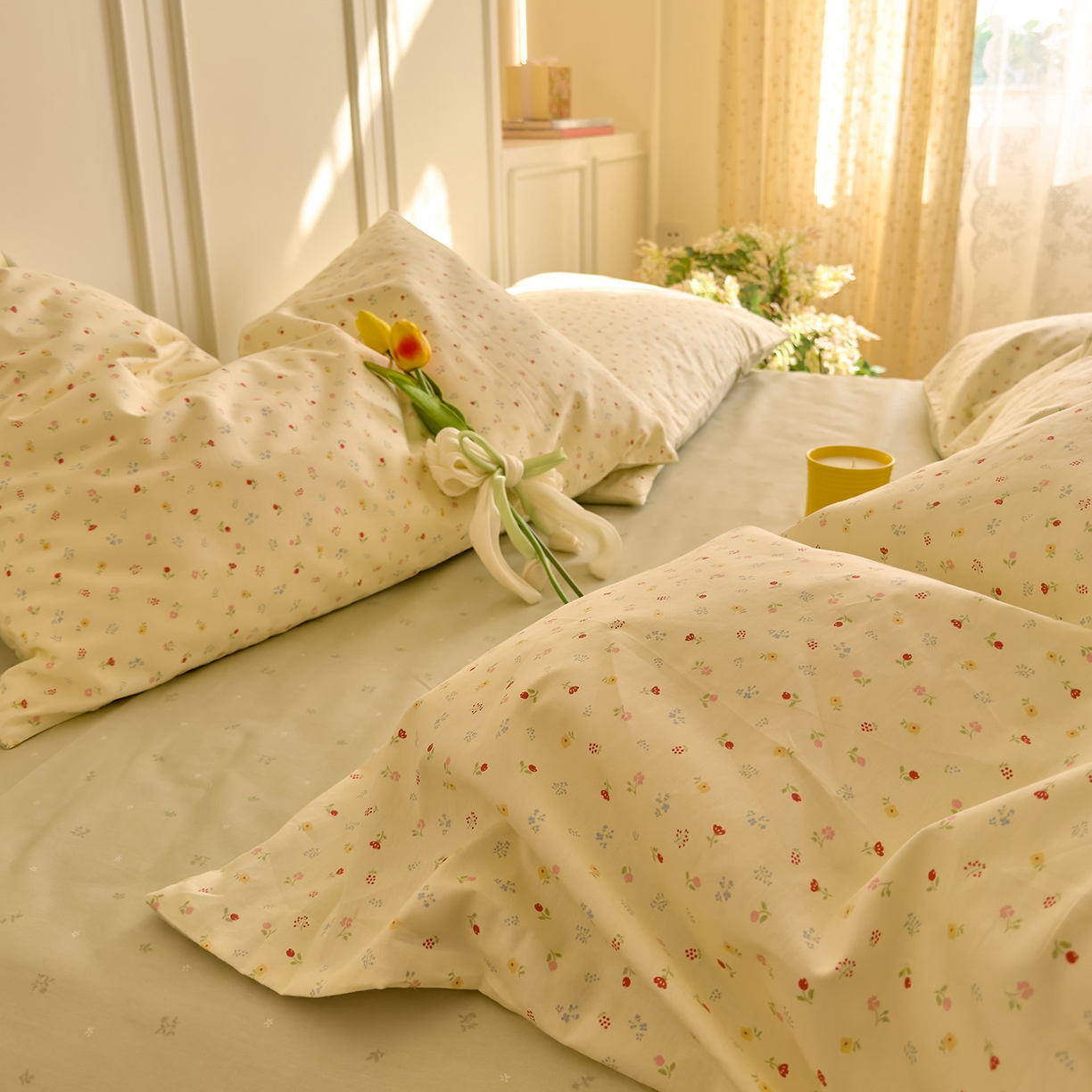 91家纺网 家纺一手货源 找家纺 DoDo 兜兜 2026新款40支全棉纯棉小碎花四件套（可定做尺寸） 春之约-绿