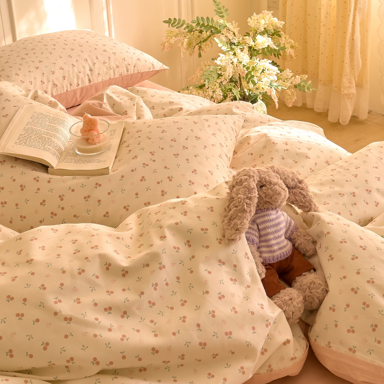 91家纺网 家纺一手货源 找家纺 DoDo 兜兜 2026新款40支全棉纯棉小碎花四件套（可定做尺寸） 奶冻樱桃-粉