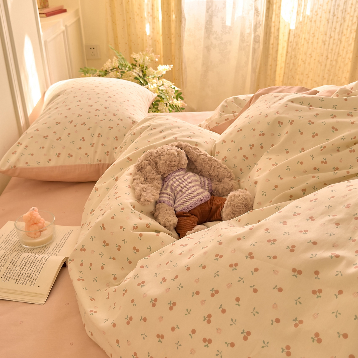 91家纺网 家纺一手货源 找家纺 DoDo 兜兜 2026新款40支全棉纯棉小碎花四件套（可定做尺寸） 奶冻樱桃-粉