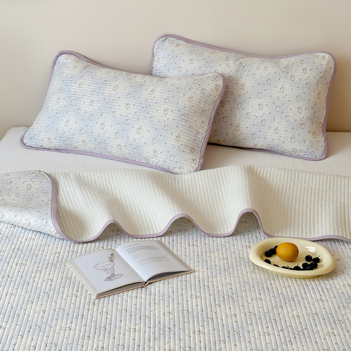 91家纺网 家纺一手货源 找家纺 漫时光 2026新款纯棉小清新棉花夹层床盖 星星猫