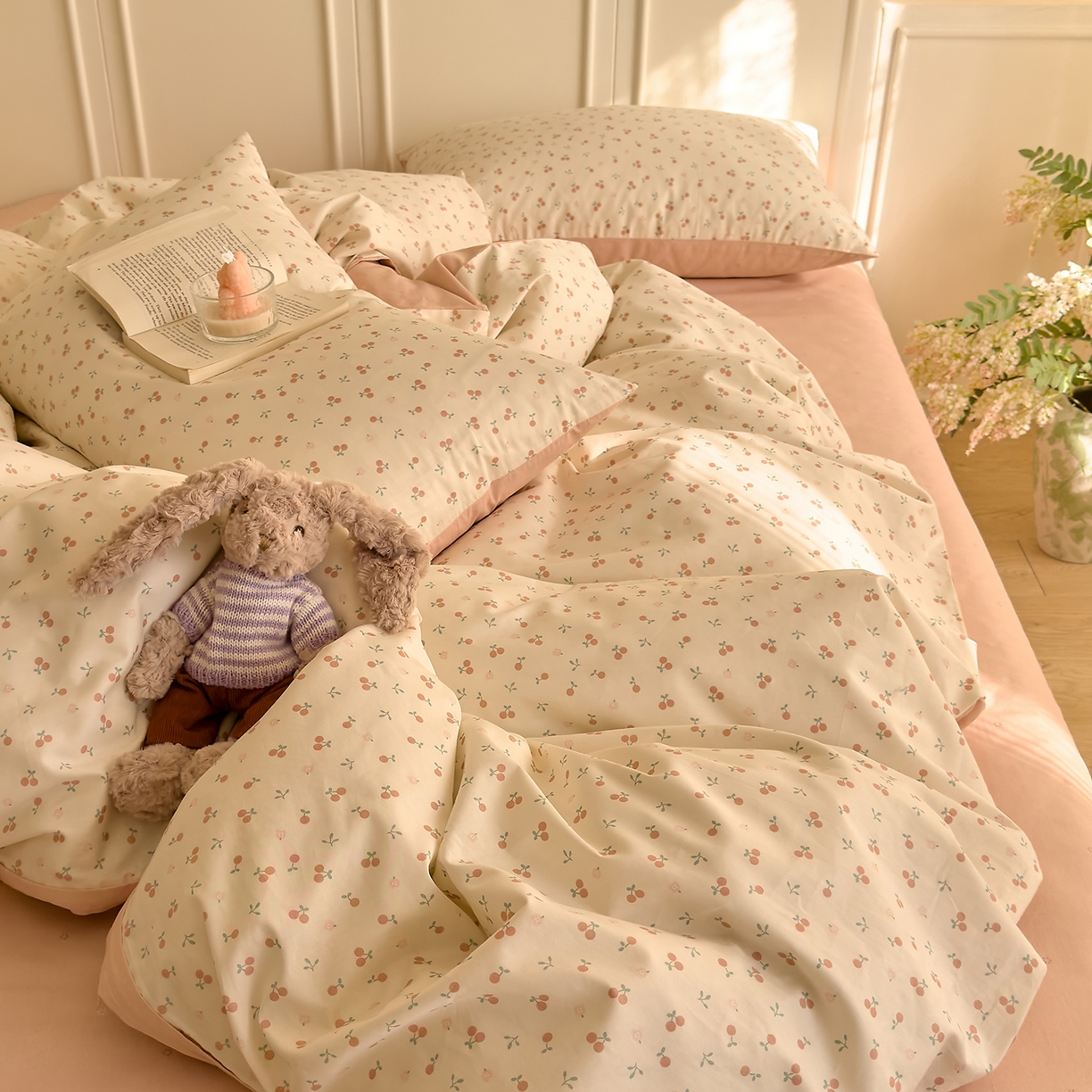 91家纺网 家纺一手货源 找家纺 DoDo 兜兜 2026新款40支全棉纯棉小碎花四件套（可定做尺寸） 奶冻樱桃-粉