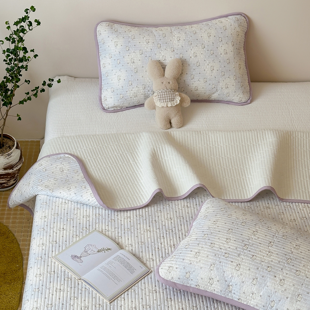 91家纺网 家纺一手货源 找家纺 漫时光 2026新款纯棉小清新棉花夹层床盖 星星猫