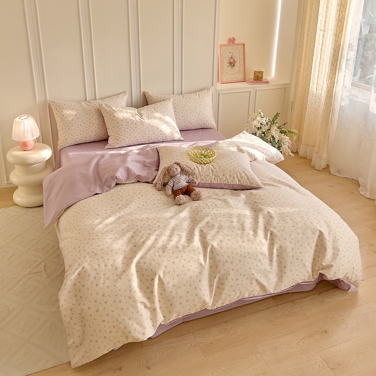 91家纺网 家纺一手货源 找家纺 DoDo 兜兜 2026新款40支全棉纯棉小碎花四件套（可定做尺寸） 奶冻樱桃-紫