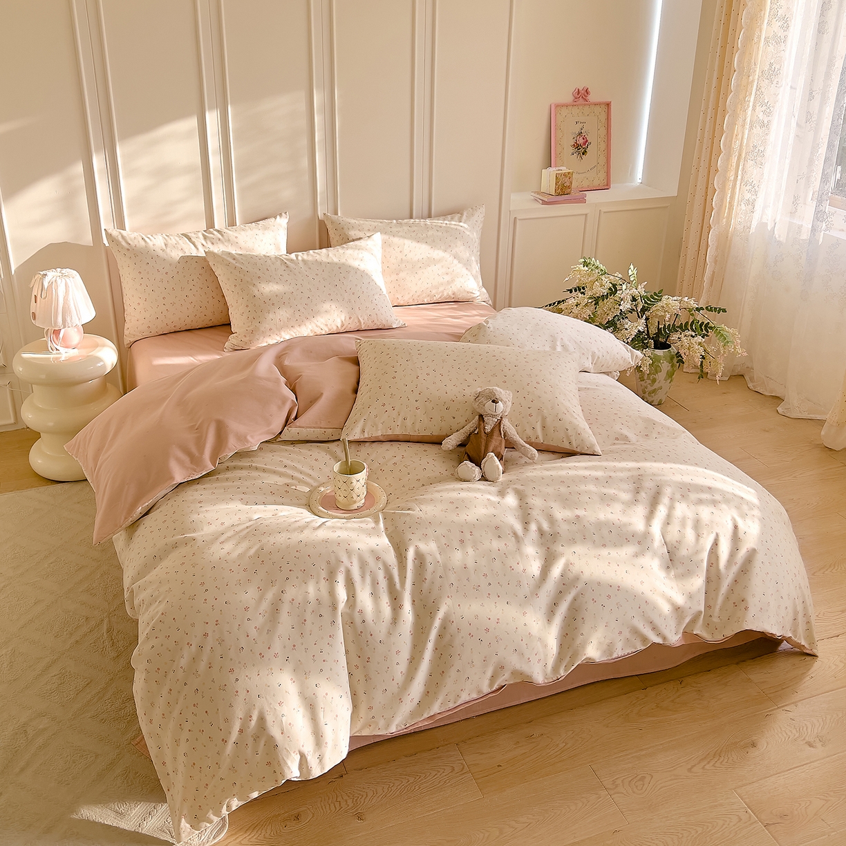 91家纺网 家纺一手货源 找家纺 DoDo 兜兜 2026新款40支全棉纯棉小碎花四件套（可定做尺寸） 春之约-粉