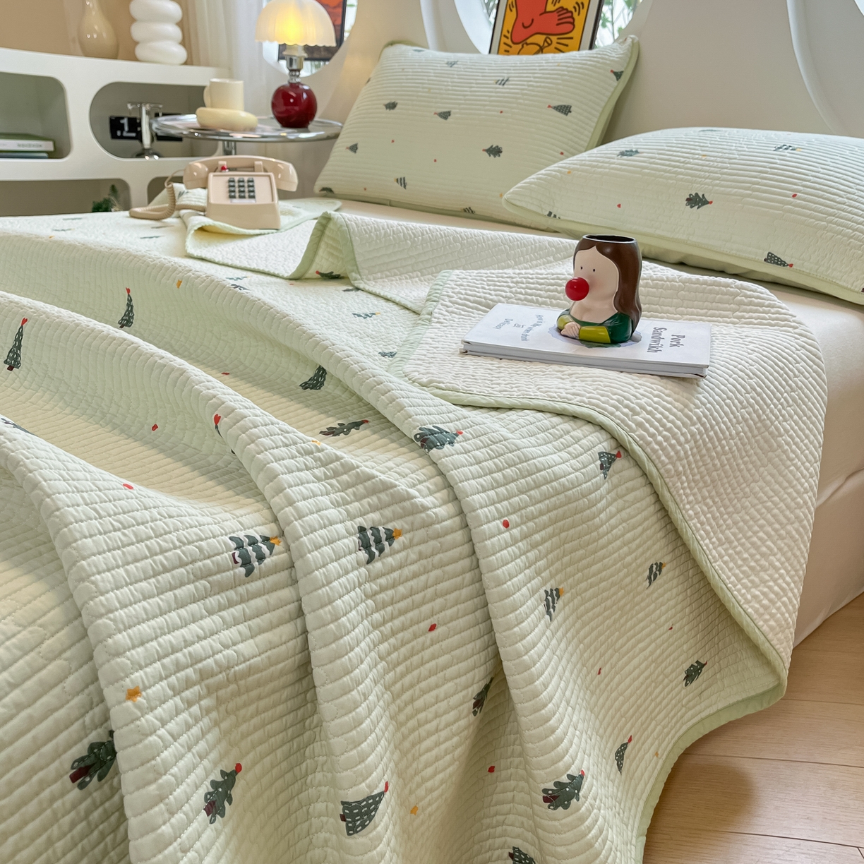 漫时光 2026新款纯棉小清新棉花夹层床盖 圣诞树