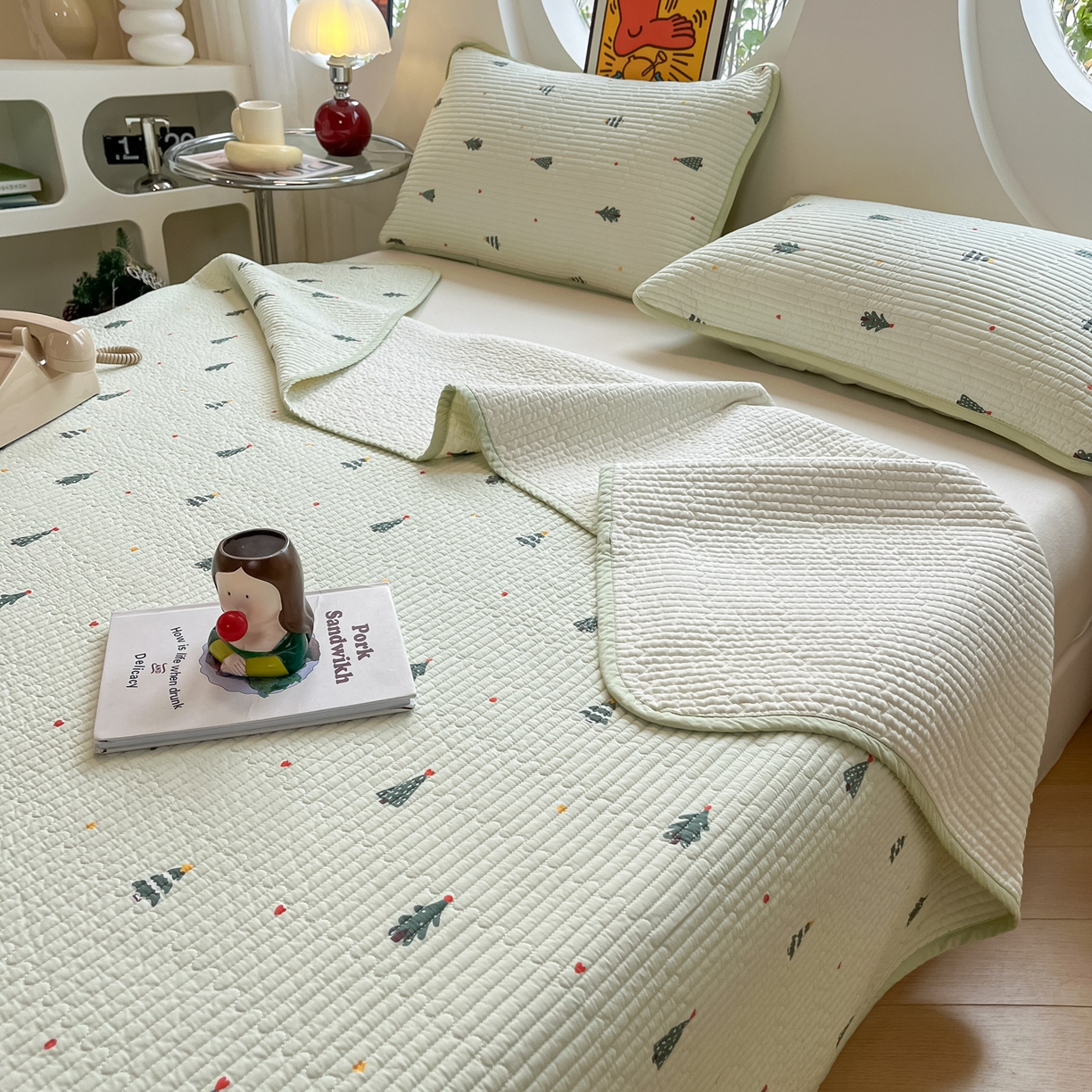91家纺网 家纺一手货源 找家纺 漫时光 2026新款纯棉小清新棉花夹层床盖 圣诞树