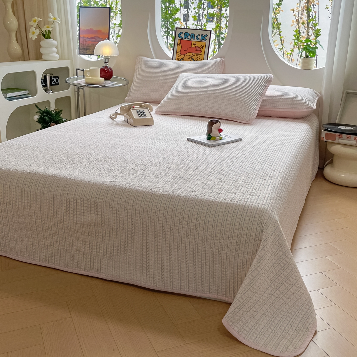 91家纺网 家纺一手货源 找家纺 漫时光 2026新款纯棉小清新棉花夹层床盖 小蝴蝶结