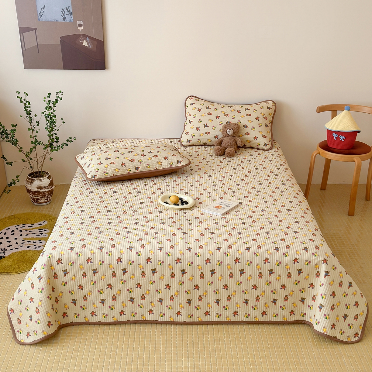 漫时光 2026新款纯棉小清新棉花夹层床盖 快乐熊