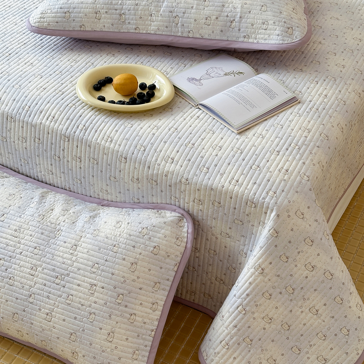 91家纺网 家纺一手货源 找家纺 漫时光 2026新款纯棉小清新棉花夹层床盖 星星猫