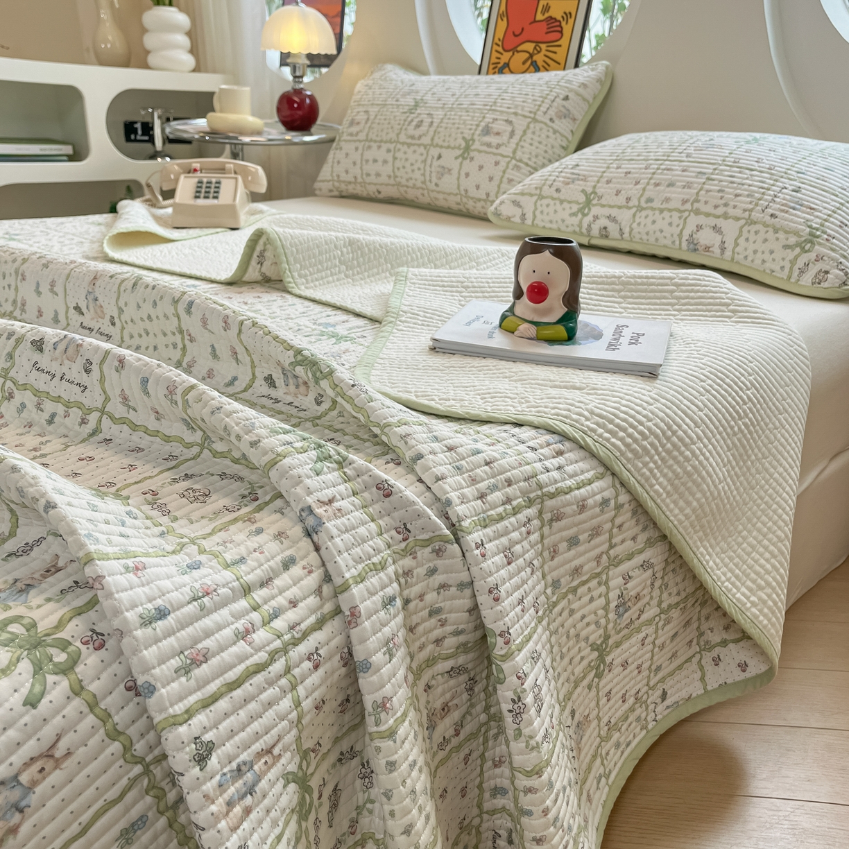 漫时光 2026新款纯棉小清新棉花夹层床盖 方格花