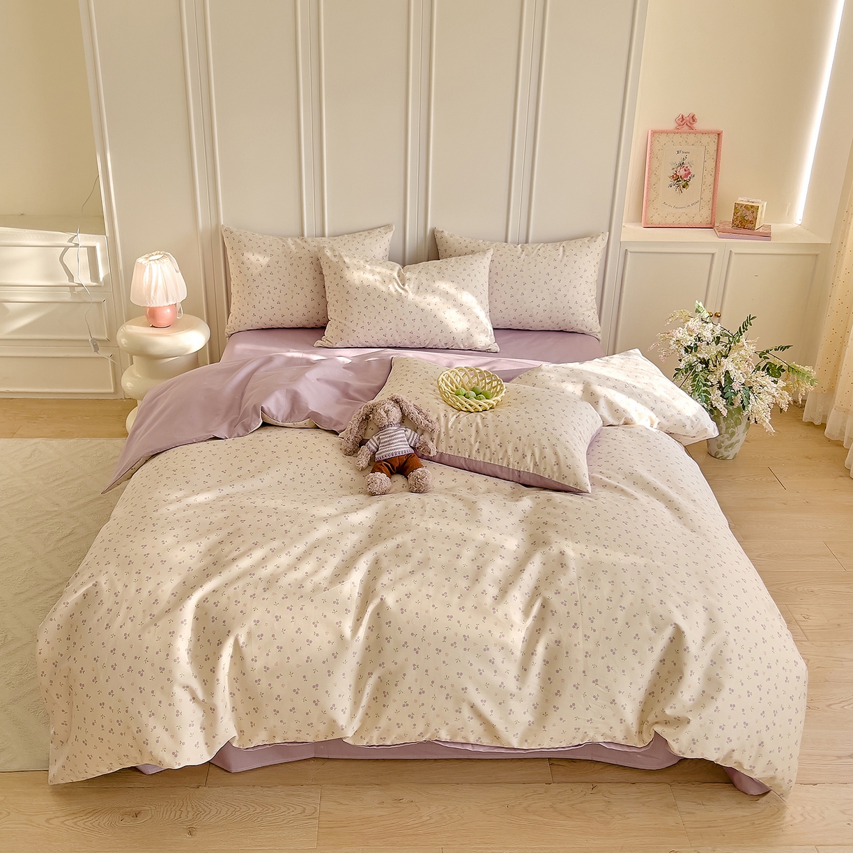 91家纺网 家纺一手货源 找家纺 DoDo 兜兜 2026新款40支全棉纯棉小碎花四件套（可定做尺寸） 奶冻樱桃-紫