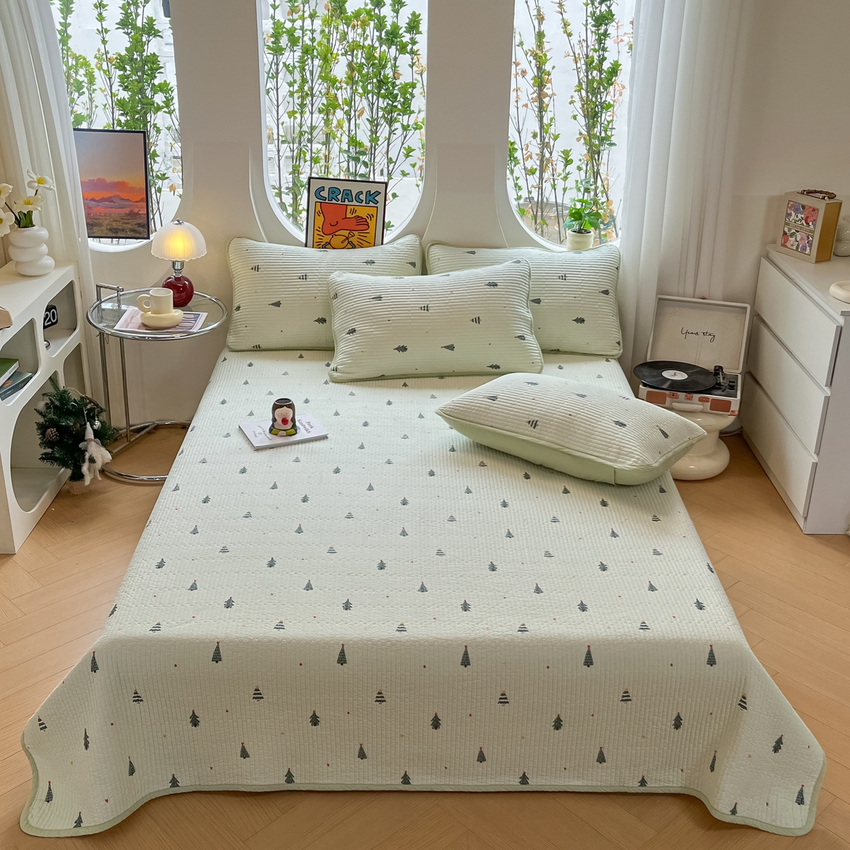 91家纺网 家纺一手货源 找家纺 漫时光 2026新款纯棉小清新棉花夹层床盖 圣诞树