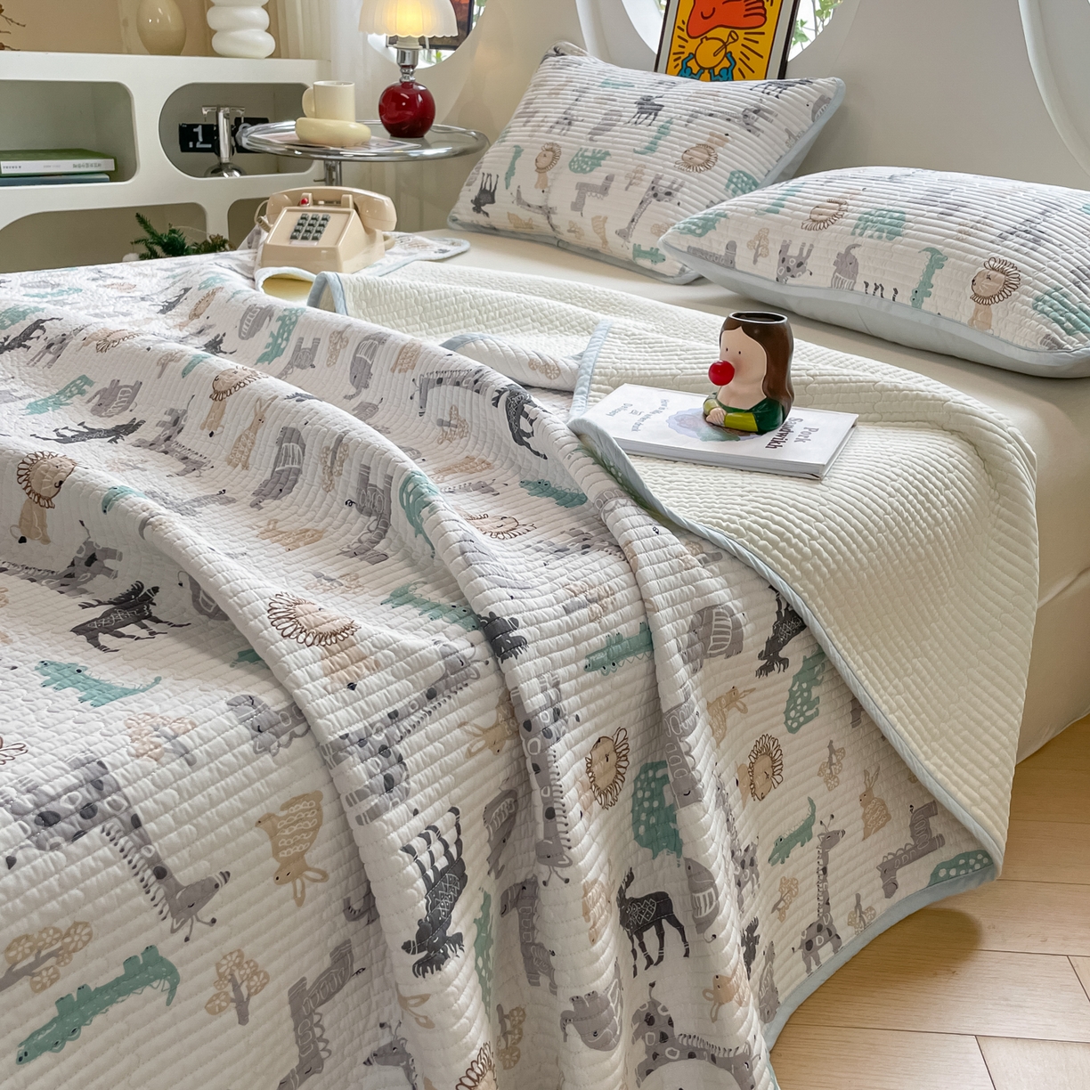 漫时光 2026新款纯棉小清新棉花夹层床盖 动物世界