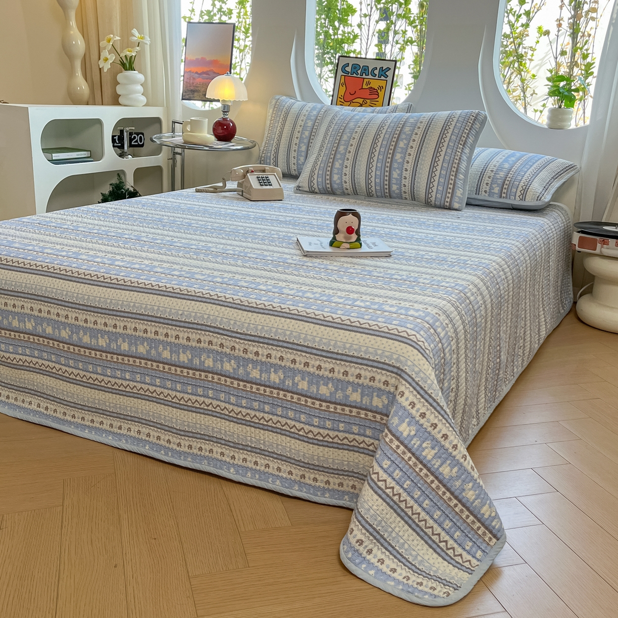 91家纺网 家纺一手货源 找家纺 漫时光 2026新款纯棉小清新棉花夹层床盖 费尔岛蓝