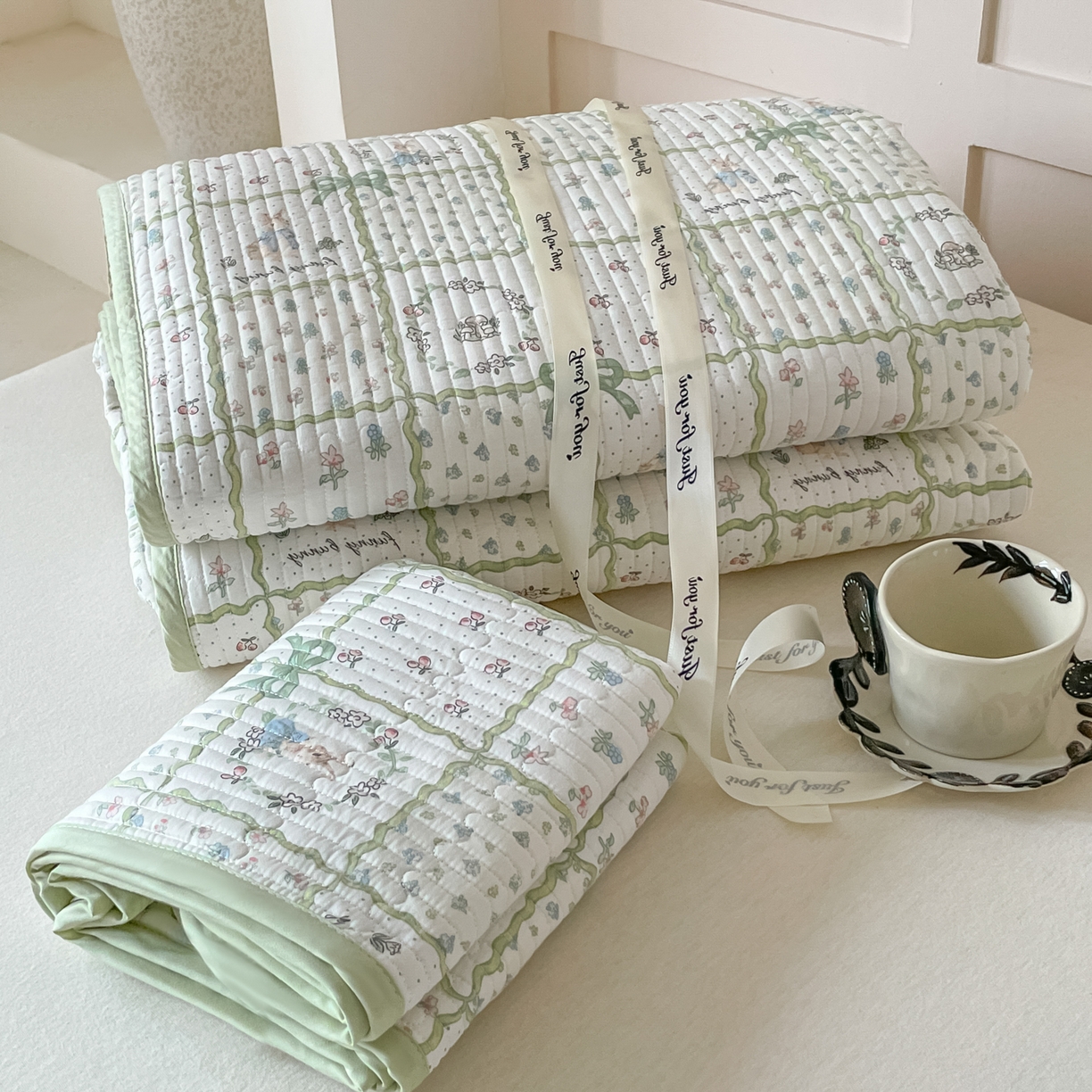 91家纺网 家纺一手货源 找家纺 漫时光 2026新款纯棉小清新棉花夹层床盖 方格花