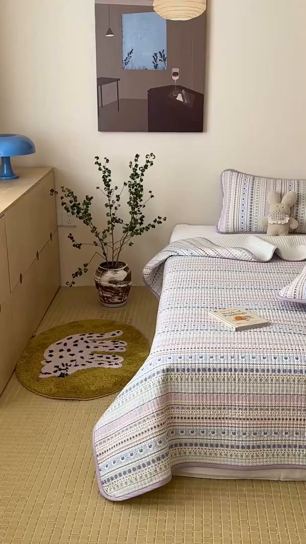 91家纺网 家纺一手货源 找家纺 漫时光 2026新款纯棉小清新棉花夹层床盖 费尔岛-紫