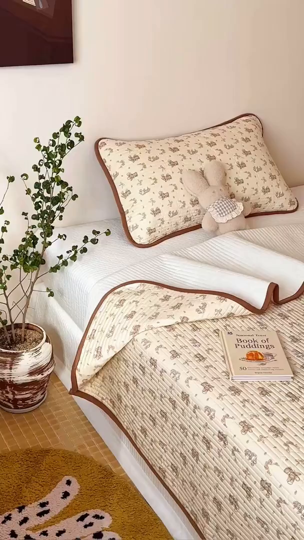 91家纺网 家纺一手货源 找家纺 漫时光 2026新款纯棉小清新棉花夹层床盖 杏萌熊