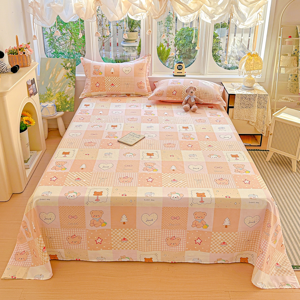 恩泽家纺 2026春夏新款全棉纯棉12868印花四件套及单品系列-单床单床单单件 小熊布丁