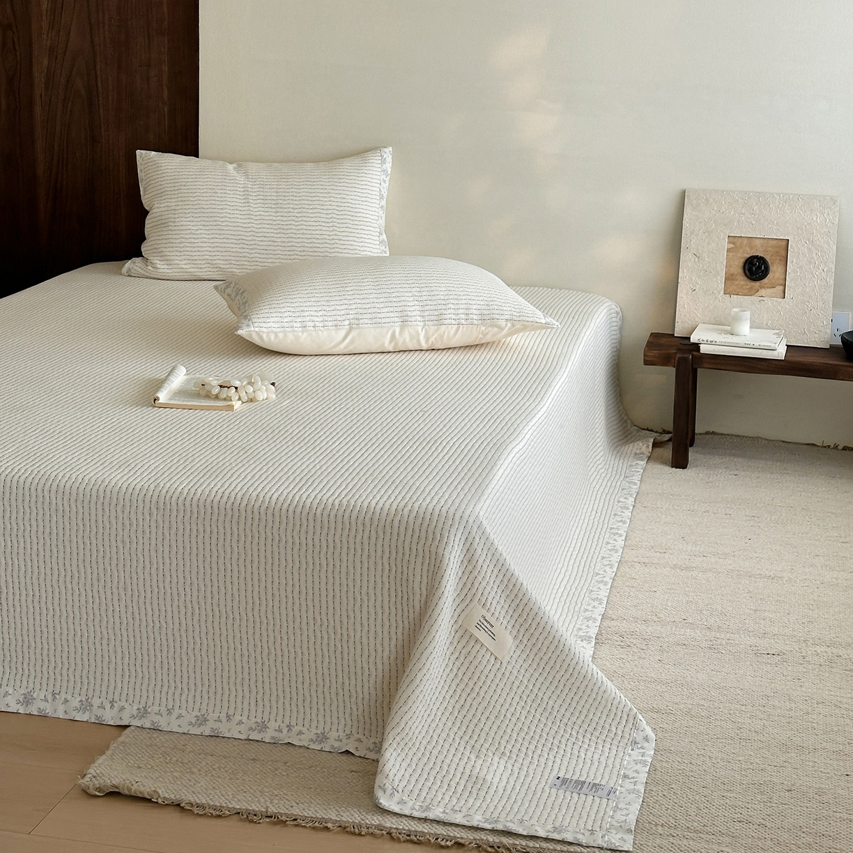 91家纺网 家纺一手货源 找家纺 漫时光 2026新款全棉穿绳提花床盖-慢织 慢织-白橡