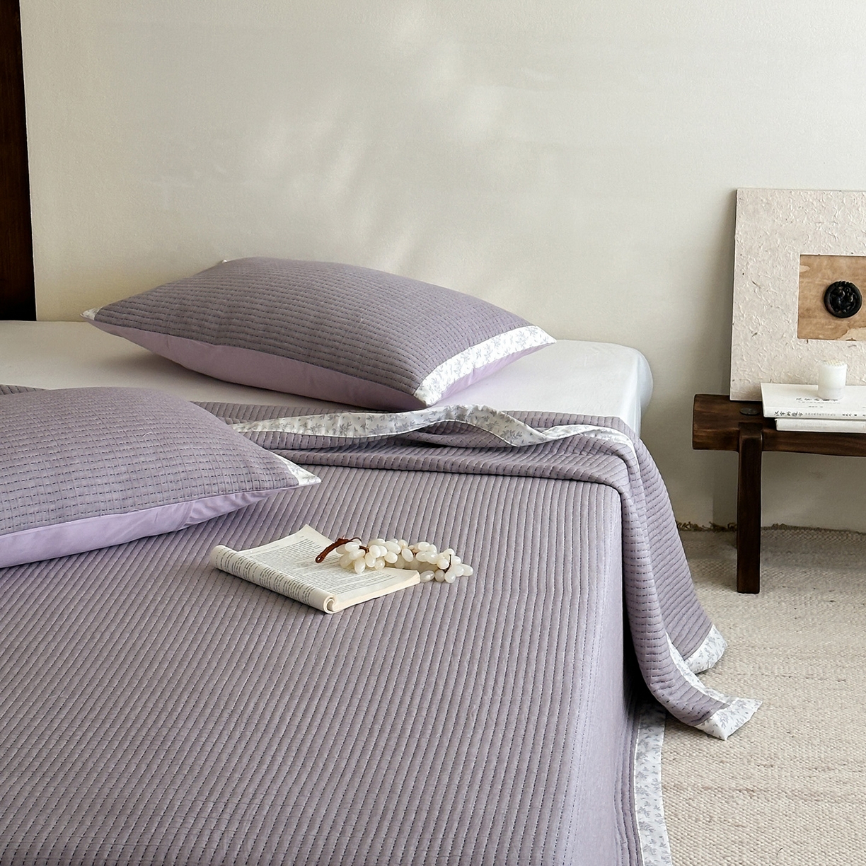 91家纺网 家纺一手货源 找家纺 漫时光 2026新款全棉穿绳提花床盖-慢织 慢织-紫絮