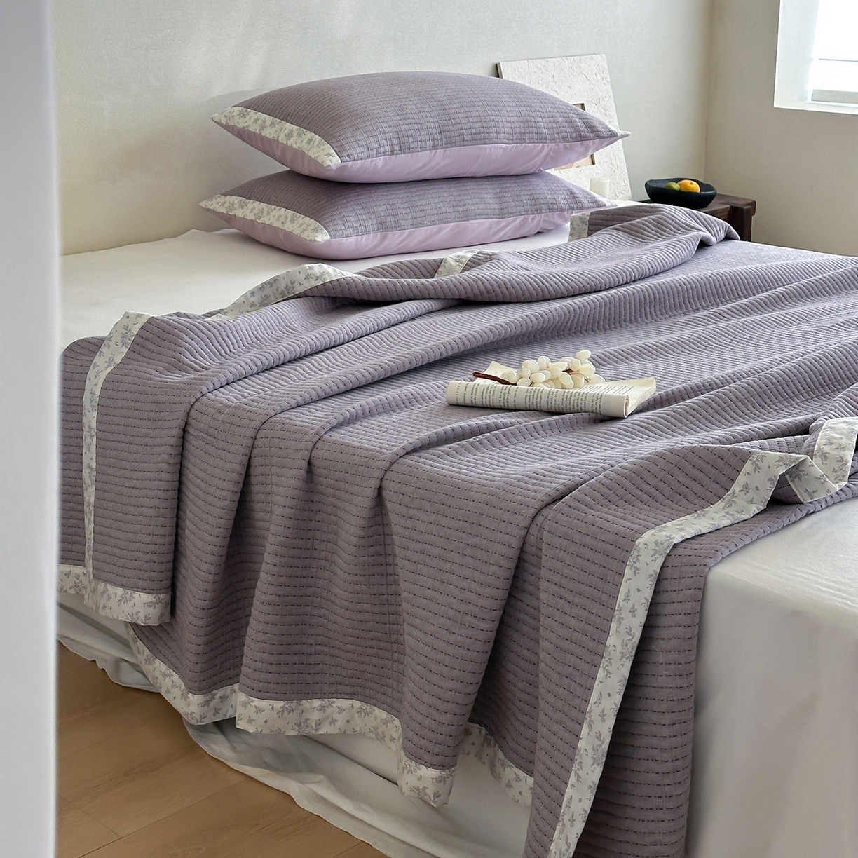 91家纺网 家纺一手货源 找家纺 漫时光 2026新款全棉穿绳提花床盖-慢织 慢织-紫絮