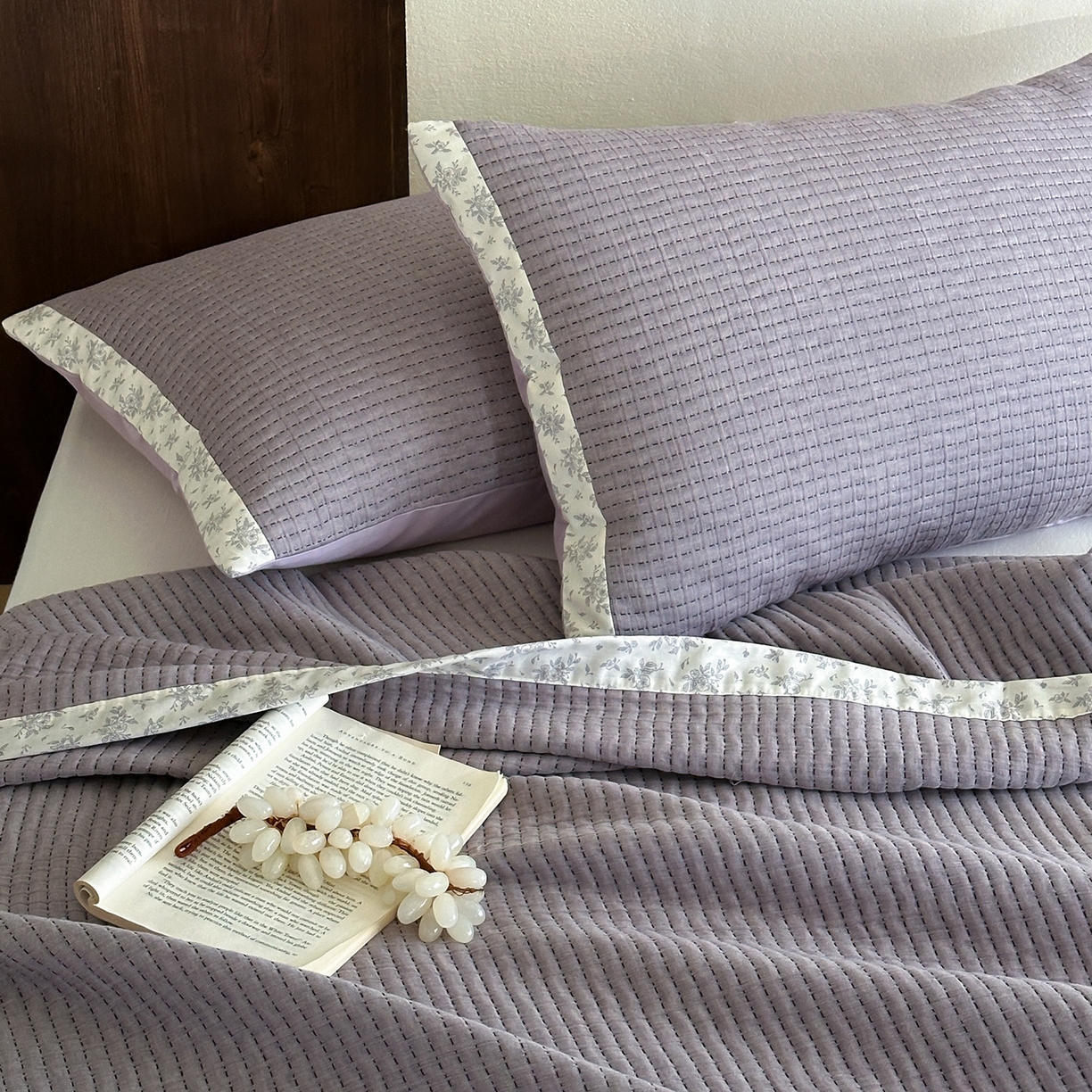 91家纺网 家纺一手货源 找家纺 漫时光 2026新款全棉穿绳提花床盖-慢织 慢织-紫絮