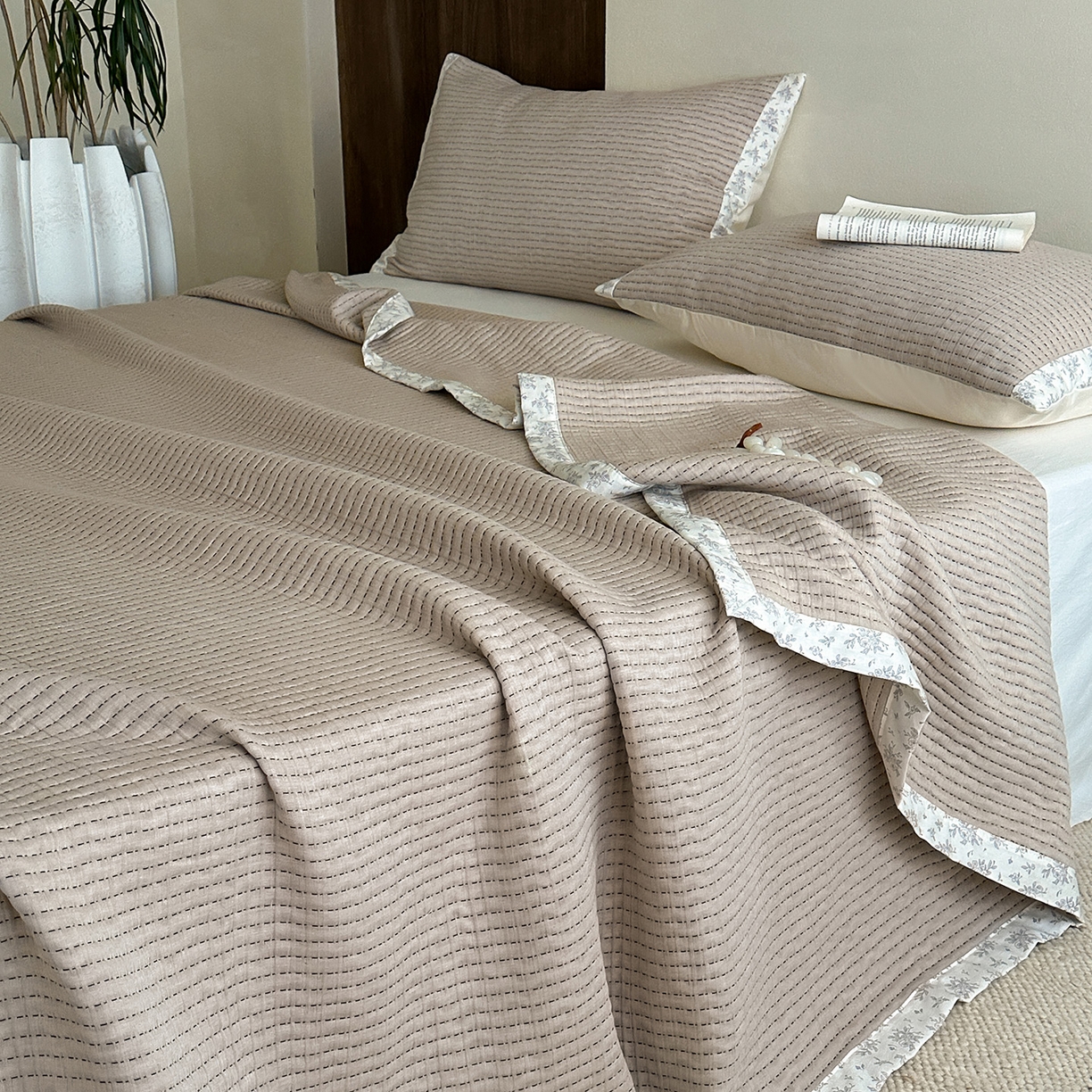 漫时光 2026新款全棉穿绳提花床盖-慢织 慢织-浅棕