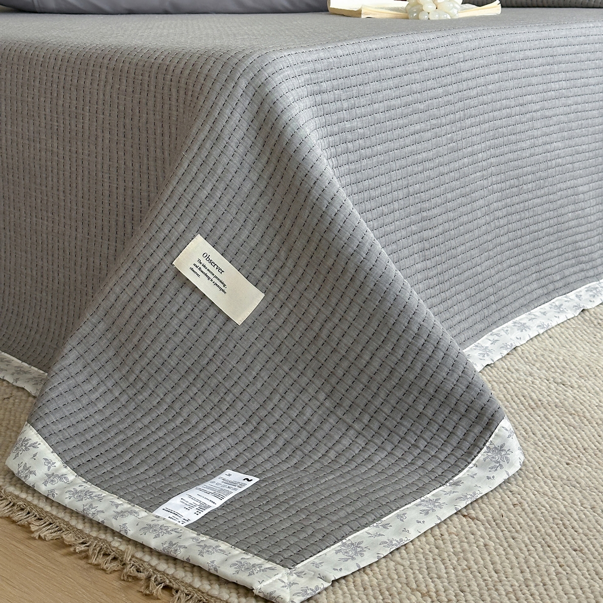 91家纺网 家纺一手货源 找家纺 漫时光 2026新款全棉穿绳提花床盖-慢织 慢织-灰谧