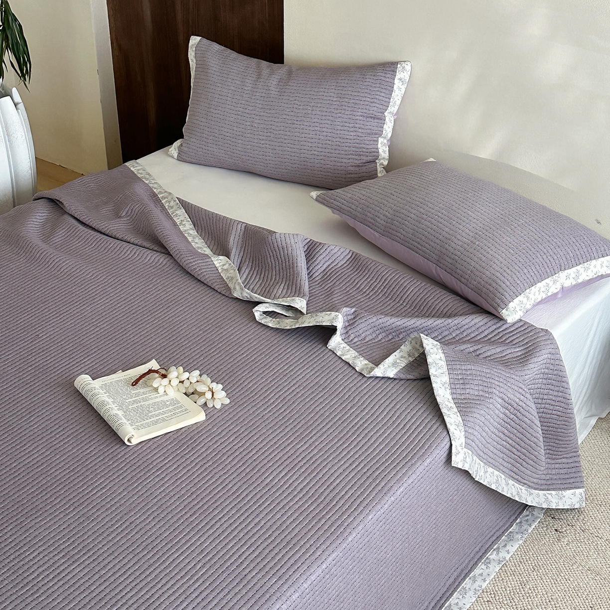 91家纺网 家纺一手货源 找家纺 漫时光 2026新款全棉穿绳提花床盖-慢织 慢织-紫絮