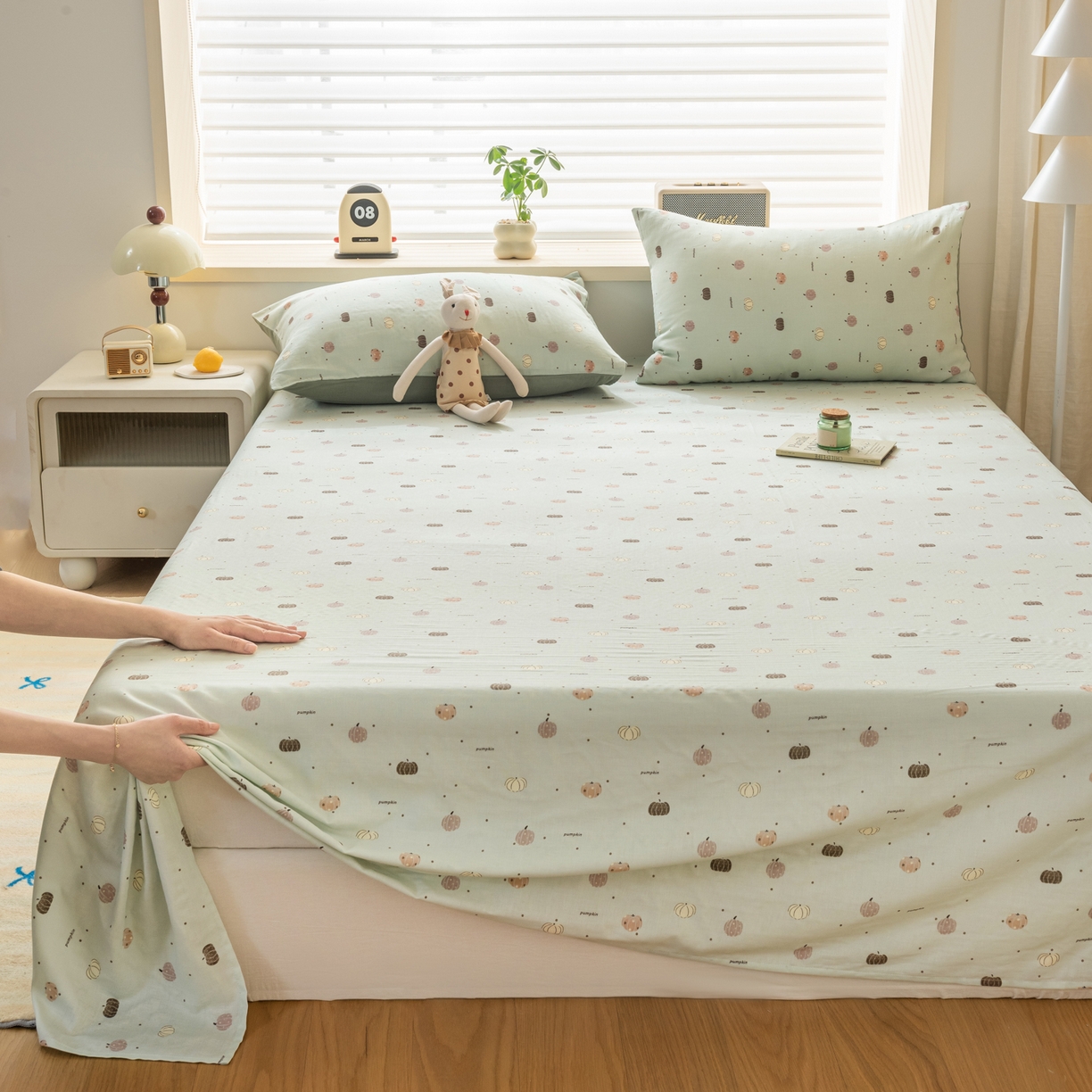 91家纺网 家纺一手货源 找家纺 雯雨家纺 2026新款全棉有氧双层纱床单 全棉双层纱床单-南语-绿