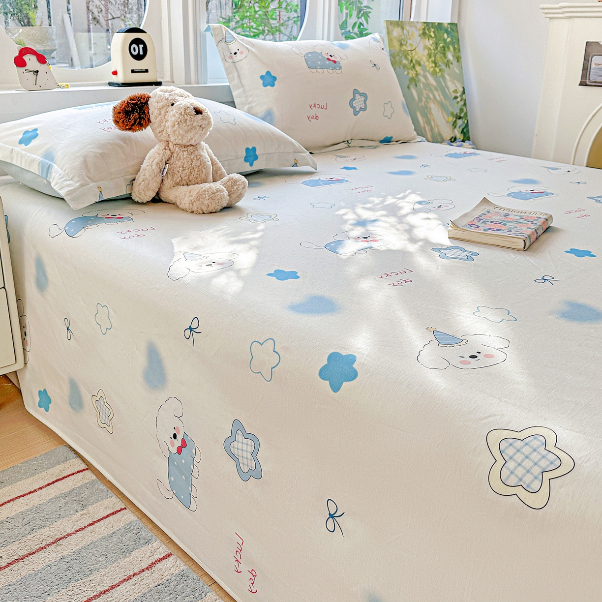 91家纺网 家纺一手货源 找家纺 恩泽家纺 2026春夏新款全棉纯棉12868印花四件套及单品系列-单床单床单单件 星愿萌犬