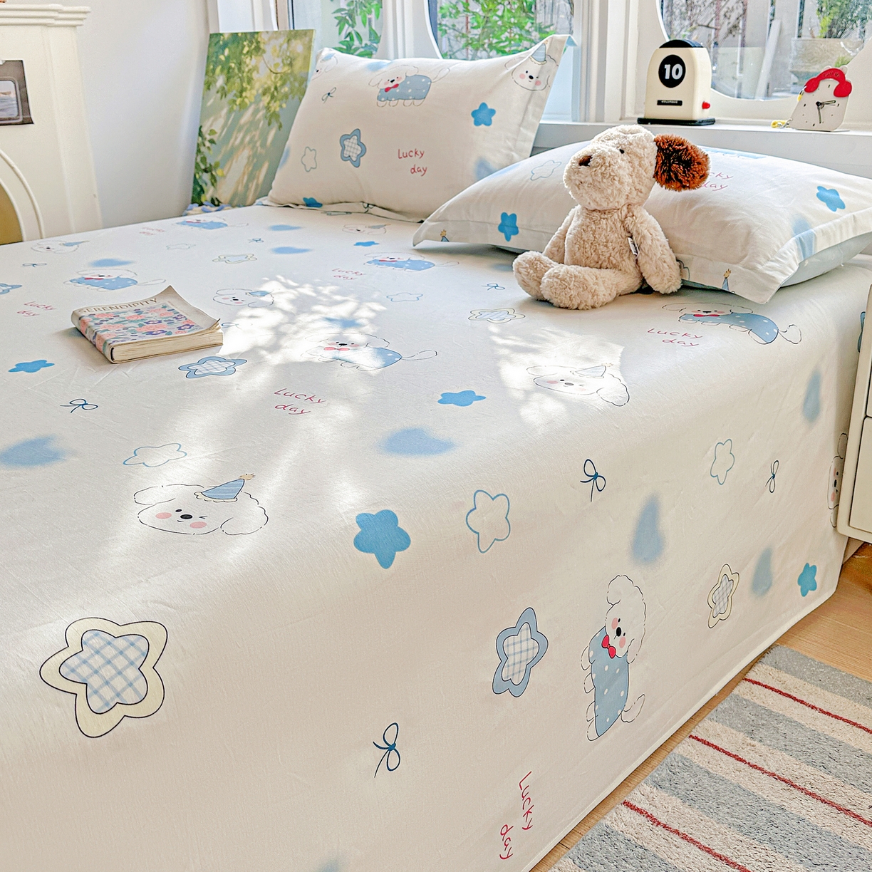 91家纺网 家纺一手货源 找家纺 恩泽家纺 2026春夏新款全棉纯棉12868印花四件套及单品系列-单床单床单单件 星愿萌犬