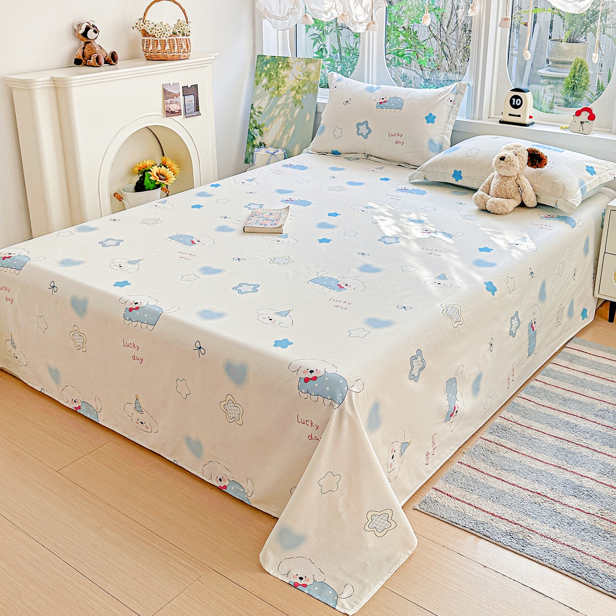 91家纺网 家纺一手货源 找家纺 恩泽家纺 2026春夏新款全棉纯棉12868印花四件套及单品系列-单床单床单单件 星愿萌犬