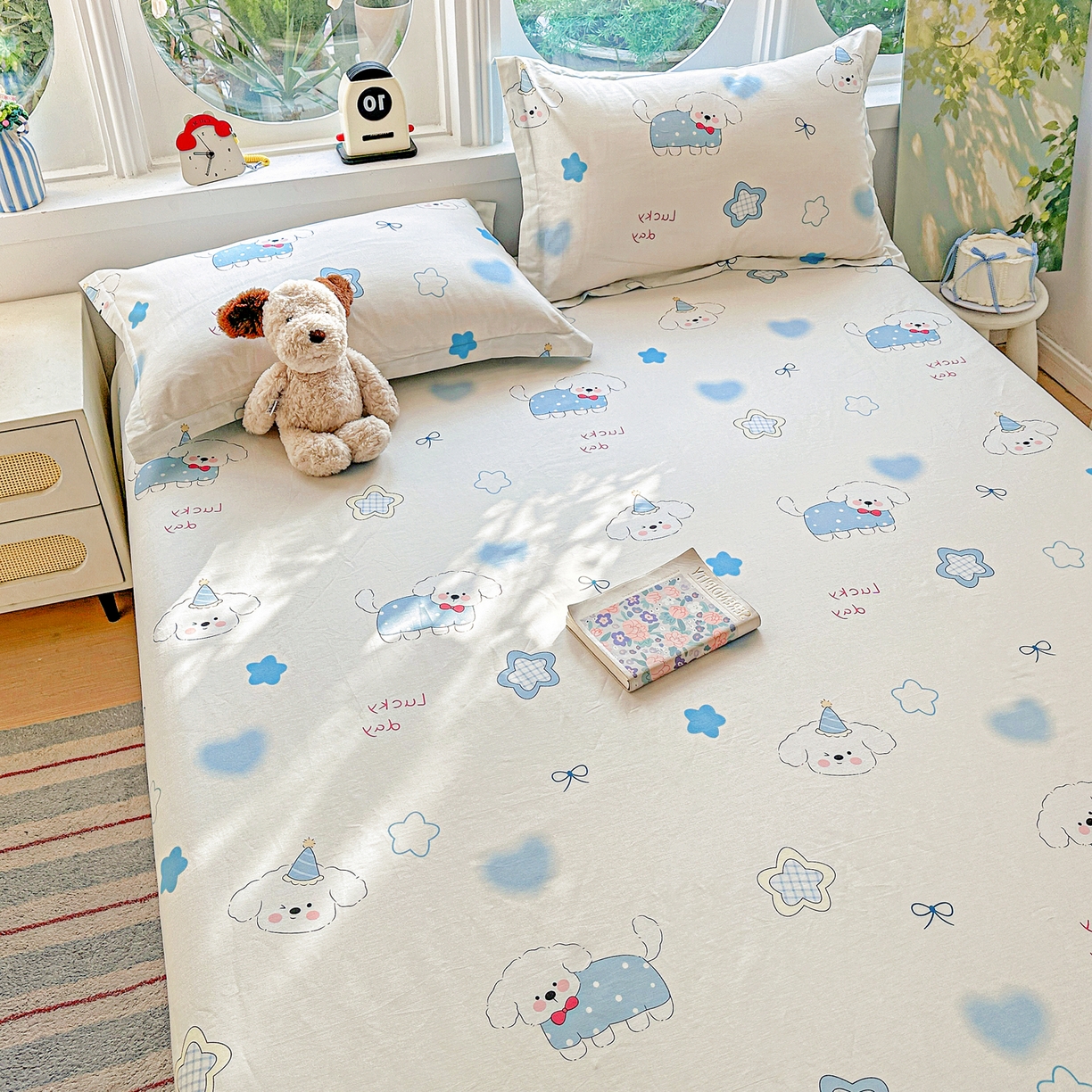 91家纺网 家纺一手货源 找家纺 恩泽家纺 2026春夏新款全棉纯棉12868印花四件套及单品系列-单床单床单单件 星愿萌犬