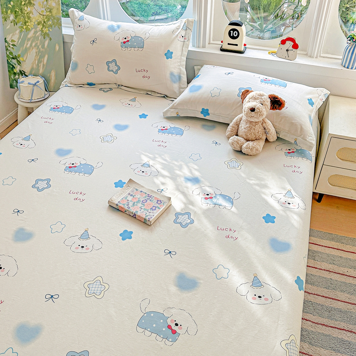 91家纺网 家纺一手货源 找家纺 恩泽家纺 2026春夏新款全棉纯棉12868印花四件套及单品系列-单床单床单单件 星愿萌犬